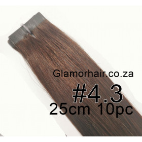 25cm *4.3 Golden Chocolate brown Tape in 10pc Indian remy human hair