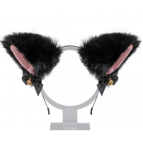 Black& pink fox ears with bell on hair band, synthetic fur