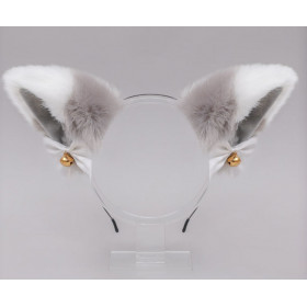 Grey & white fox ears with bell on hair band, synthetic fur