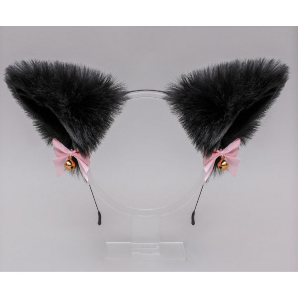 Black fox ears with bell on hair band, synthetic fur