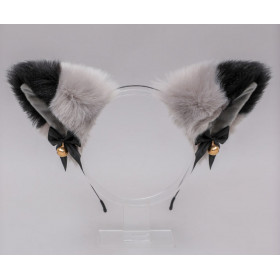 Black & grey fox ears with bell on hair band, synthetic fur