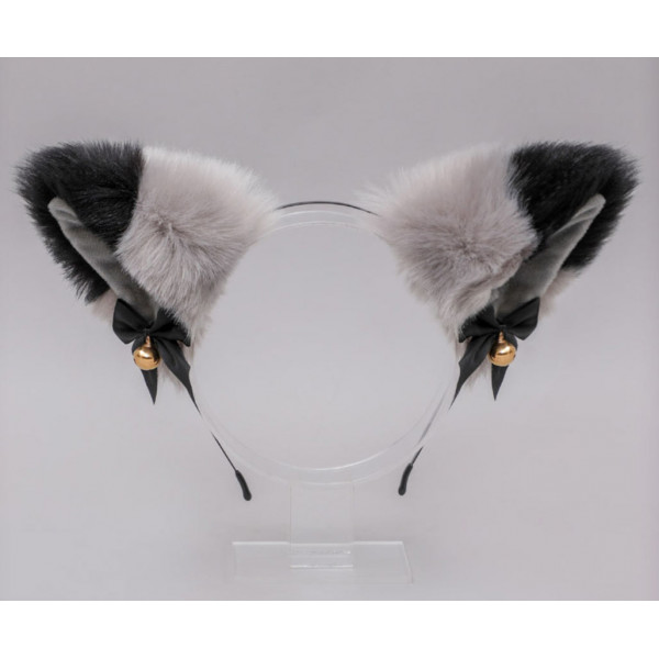 Black & grey fox ears with bell on hair band, synthetic fur