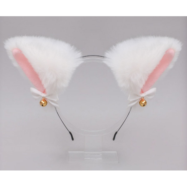 White & pink fox ears with bell on hair band, synthetic fur