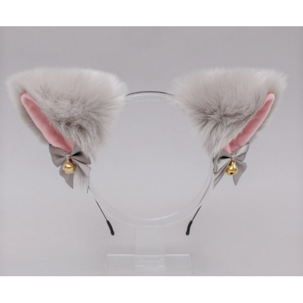 Grey & pink fox ears with bell on hair band, synthetic fur