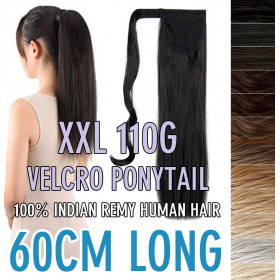 Color 1 60cm XXL 110g 100% Indian remy human hair velcro ponytail