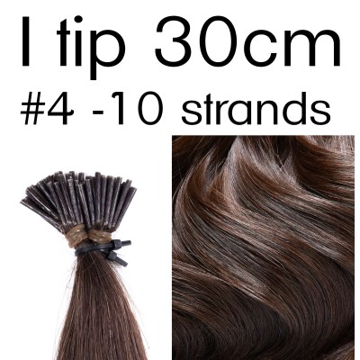 Color 4 30cm I tip Virgin Indian remy human hair (10 strands in a bundle)