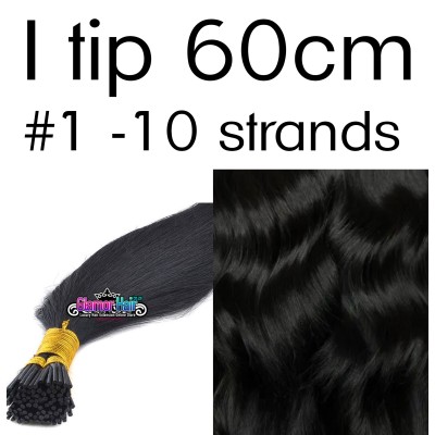 Color 1 Jet black 60cm I tip Indian remy human hair (10 strands in a bundle)
