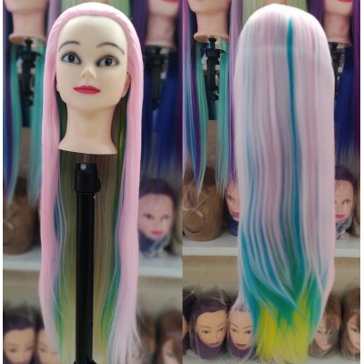 Pink blue practice mannequin head, Synthetic heat resistant hair