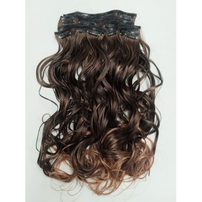 *2T-30 Chocolate brown mix 55-60cm clip in hair extensions 10pc set- wavy, Synthetic