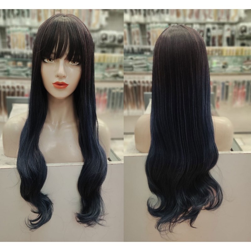 Fringed dark brown to d ep blue wig by Emmor-synthetic hair (MQF8099-1)