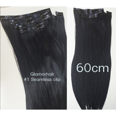 Color 1 60cm Jet black Seamless clip in hair extensions Indian remy human hair 135g set 7pc