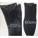 Color 1 60cm Jet black Seamless clip in hair extensions Indian remy human hair 135g set 7pc