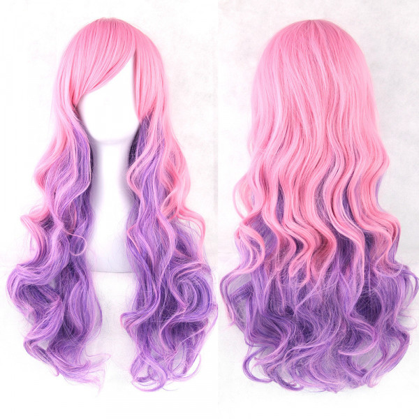 Unicorn color pink lilac mix 80cm long fringe wavy cosplay wig JBS-04