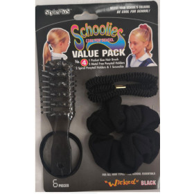 Schoolies 6 piece brush hair & band set, black color