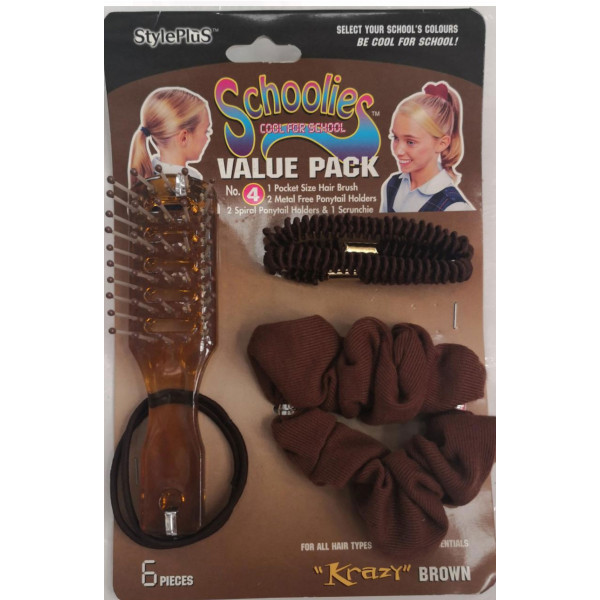 Schoolies 6 piece brush hair & band set, brown color