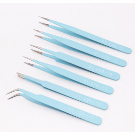 Set of 6 precision, fine point lash tweezers, carbon steel -Light blue color