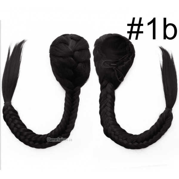 *1b Natural black long braided draw string pony tail, synthetic hair