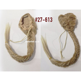 *M27-613 Golden blonde mix, long braided draw string pony tail, synthetic hair