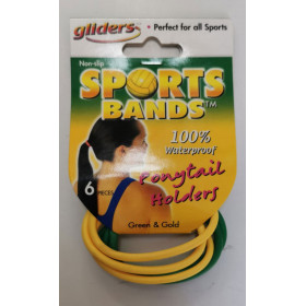 6pc Sports bands Gliders metal free, snag free ponytail holders -green and gold