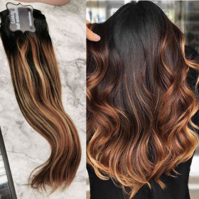 50cm Ombre black highlighted light brown 10pc clip in hair extensions- Indian remy