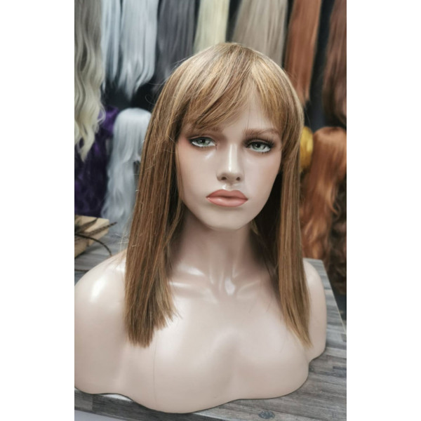 14 inch highlighted brown long Bob cut fringe Indian remy human hair wig